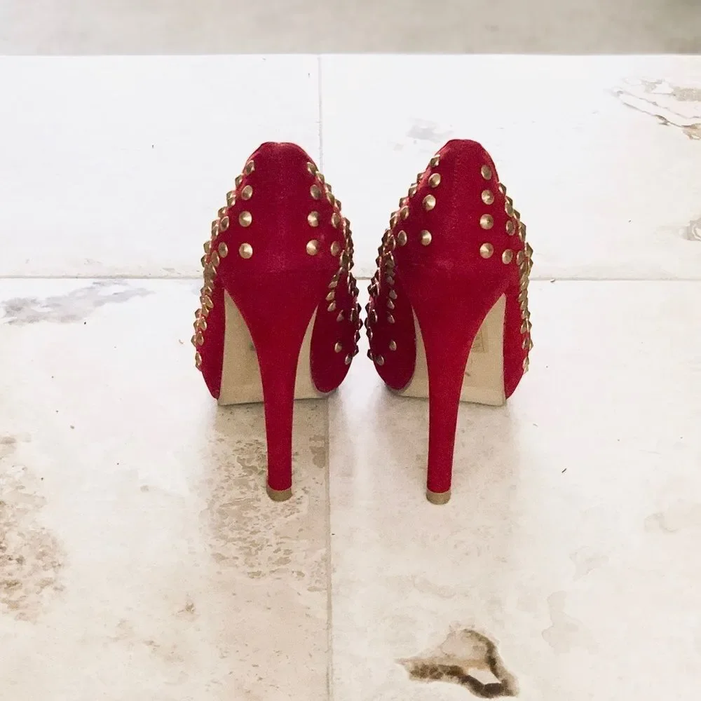 Gold Studded Red Platform Heels